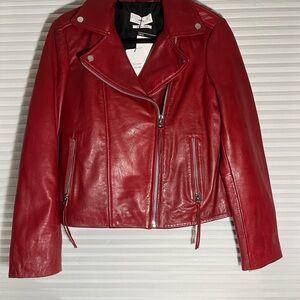 MANGO Red Genuine Leather Biker Jacket
